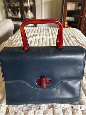 Vintage retro Classic Navy Leather Top-Handle Bag with Red Accent